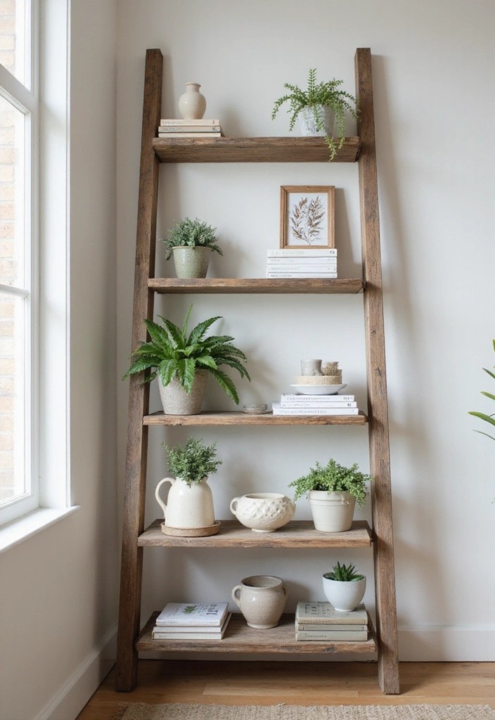 13 DIY Green Farmhouse Decor Projects That’ll Transform Your Home on a Budget! - 7. Rustic Ladder Shelf